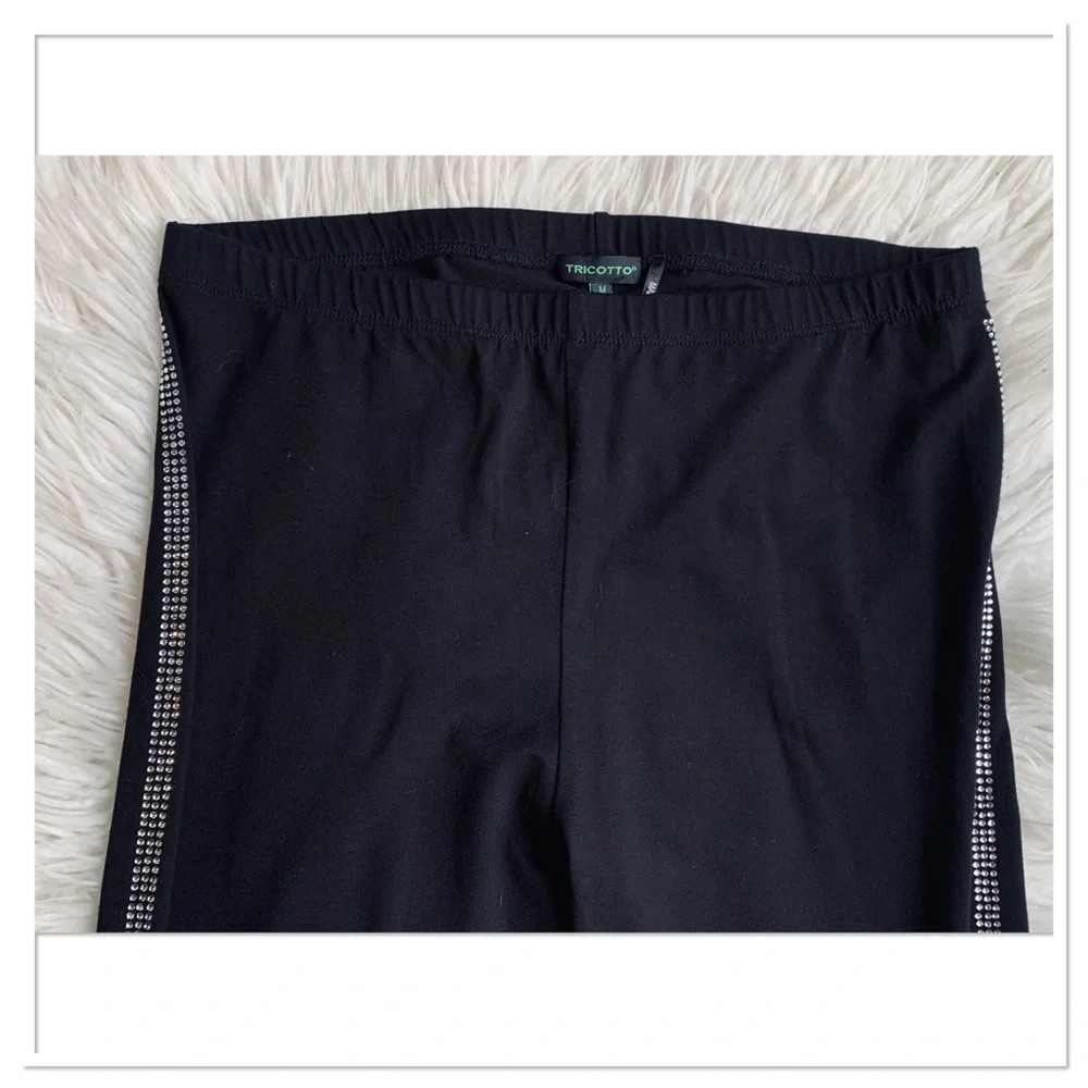 NWT Tricotto Rhinestone Side Stripe Leggings Black Silver Size Medium